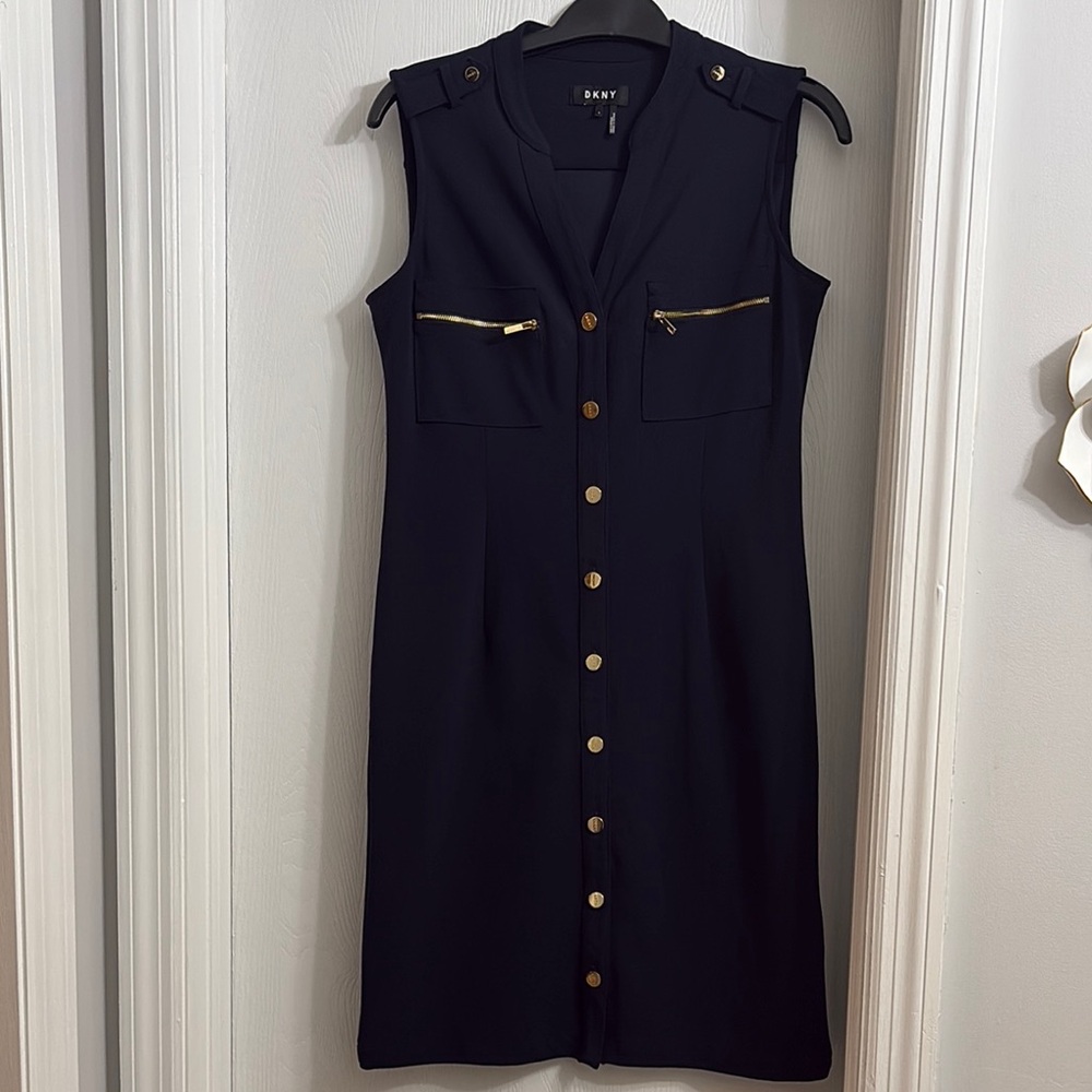 DKNY Blue and Gold Sheath Midi Dress - Picture 1 of 4